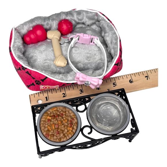 Dog Toys Bone Bow Collar Food Water Bowls Stand Battat OG For American Girl Pets - Picture 8 of 10